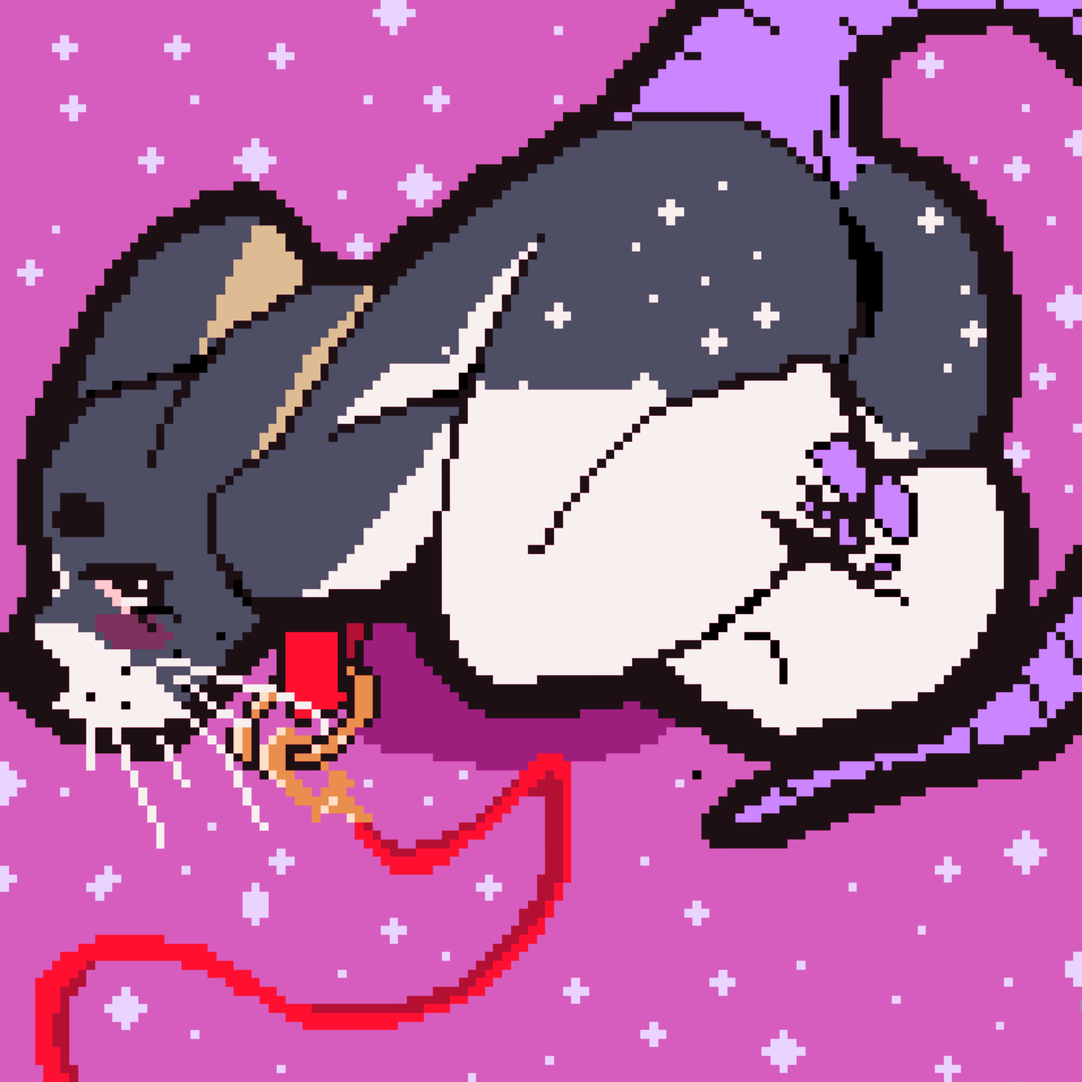 pixel art of the green dogmouse. it is floating with its butt to the viewer, no genitals are shown. pink starry background