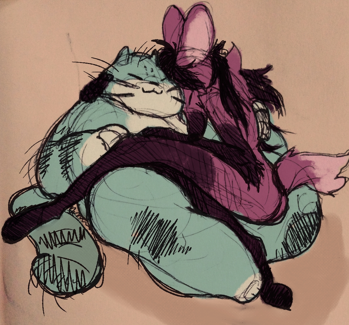 mixed media traditional and digital art of a pink maned wolf and blue pallas cat cuddling