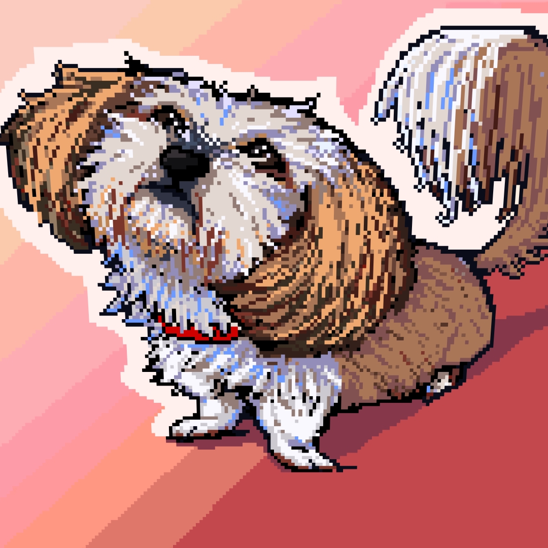 pixel art of a shih tsu sitting and looking up at viewer