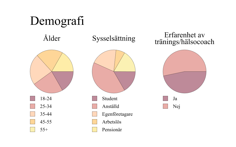 Cirkeldiagram över ålder, sysselsättning och erfarenhet av tränings/hälsocoach