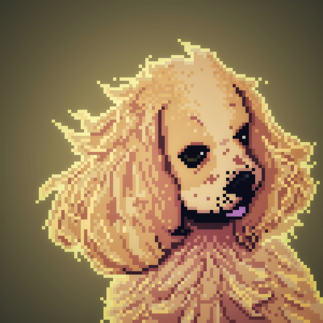 pixel art of a tan and white cocker spaniel. she has her little tongue out